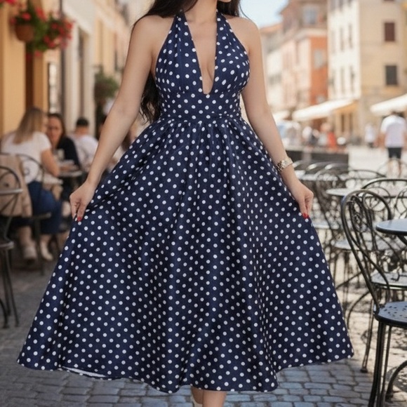 J. Crew Factory Backless Navy Dress with White Dots trend! - Picture 5 of 8
